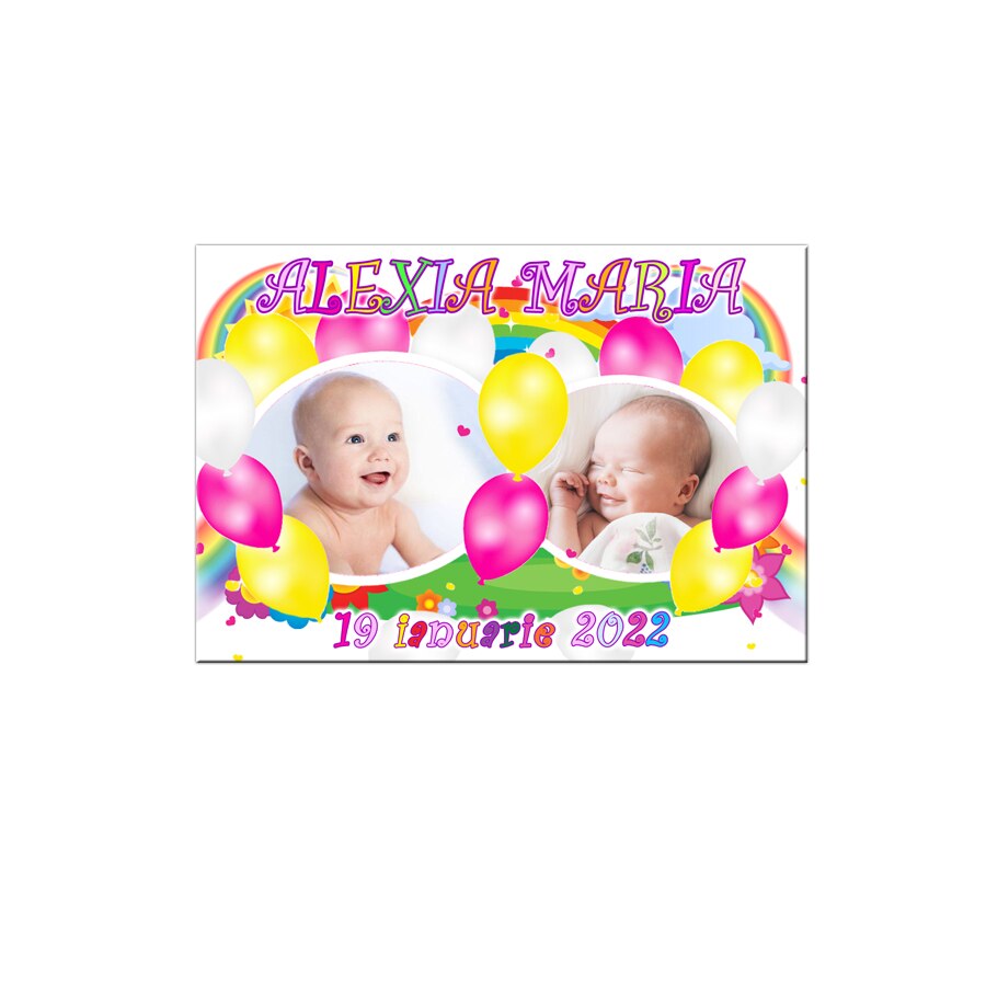 Marturii pentru botez, personalizate cu doua fotografii, tematica baloane roz